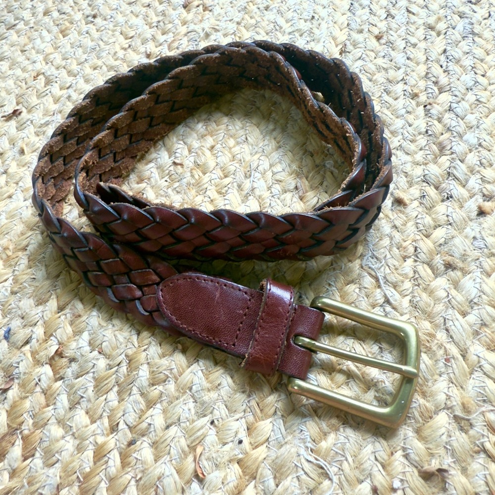 Vintage Brown Braided Genuine Leather Belt Size 34 Brass Buckle Woven Prep Class